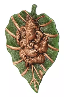 eCraftIndia Brown Lord Ganesha on Green Leaf Wall Hanging