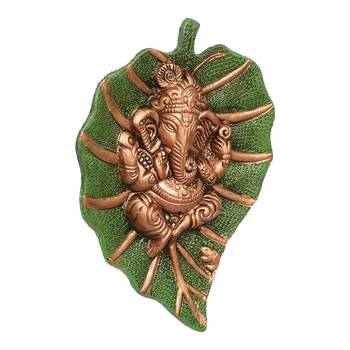 eCraftIndia Brown Lord Ganesha on Green Leaf Wall Hanging 6