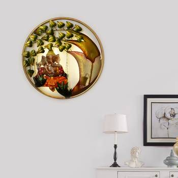 eCraftIndia Handcrafted Lord Ganesha on Swing Under Tree Decorative Iron Wall Hanging with Background LED's 1