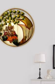 eCraftIndia Handcrafted Lord Ganesha on Swing Under Tree Decorative Iron Wall Hanging with Background LED's