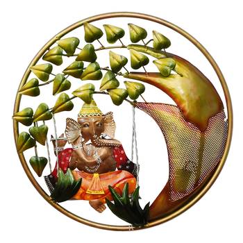 eCraftIndia Handcrafted Lord Ganesha on Swing Under Tree Decorative Iron Wall Hanging with Background LED's 3