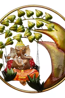 eCraftIndia Handcrafted Lord Ganesha on Swing Under Tree Decorative Iron Wall Hanging with Background LED's