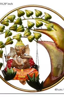 eCraftIndia Handcrafted Lord Ganesha on Swing Under Tree Decorative Iron Wall Hanging with Background LED's