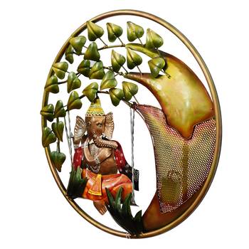 eCraftIndia Handcrafted Lord Ganesha on Swing Under Tree Decorative Iron Wall Hanging with Background LED's 5
