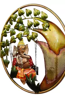 eCraftIndia Handcrafted Lord Ganesha on Swing Under Tree Decorative Iron Wall Hanging with Background LED's