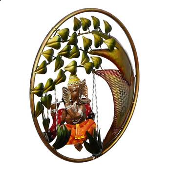 eCraftIndia Handcrafted Lord Ganesha on Swing Under Tree Decorative Iron Wall Hanging with Background LED's 6