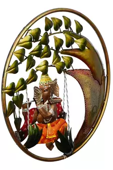 eCraftIndia Handcrafted Lord Ganesha on Swing Under Tree Decorative Iron Wall Hanging with Background LED's