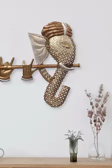 eCraftIndia Handcrafted Golden Bansuri Ganesha Decorative Iron Wall Hanging