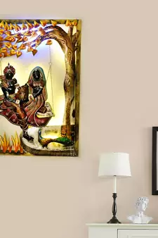 eCraftIndia Lord Krishna with Radha on Swing Under Tree Handcrafted Iron Wall Hanging with Background LED's