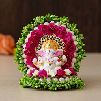 eCraftIndia Lord Ganesha Idol on Decorative Handcrafted Green Floral Plate for Home and Car 1