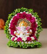 eCraftIndia Lord Ganesha Idol on Decorative Handcrafted Green Floral Plate for Home and Car