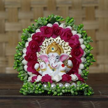eCraftIndia Lord Ganesha Idol on Decorative Handcrafted Green Floral Plate for Home and Car 2