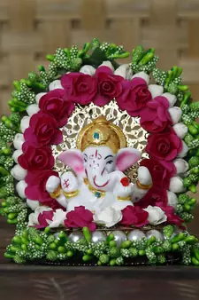 eCraftIndia Lord Ganesha Idol on Decorative Handcrafted Green Floral Plate for Home and Car