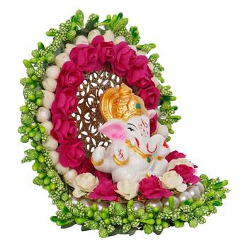 eCraftIndia Lord Ganesha Idol on Decorative Handcrafted Green Floral Plate for Home and Car 3