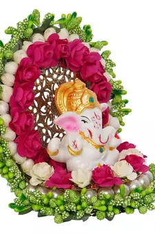 eCraftIndia Lord Ganesha Idol on Decorative Handcrafted Green Floral Plate for Home and Car