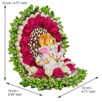 eCraftIndia Lord Ganesha Idol on Decorative Handcrafted Green Floral Plate for Home and Car 4