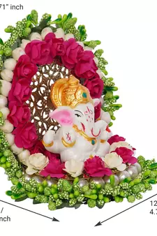 eCraftIndia Lord Ganesha Idol on Decorative Handcrafted Green Floral Plate for Home and Car