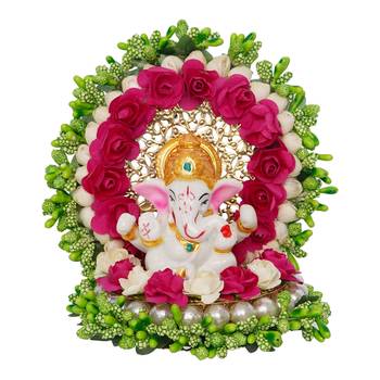 eCraftIndia Lord Ganesha Idol on Decorative Handcrafted Green Floral Plate for Home and Car 5