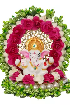 eCraftIndia Lord Ganesha Idol on Decorative Handcrafted Green Floral Plate for Home and Car
