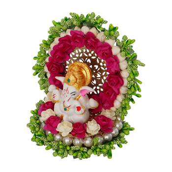 eCraftIndia Lord Ganesha Idol on Decorative Handcrafted Green Floral Plate for Home and Car 6