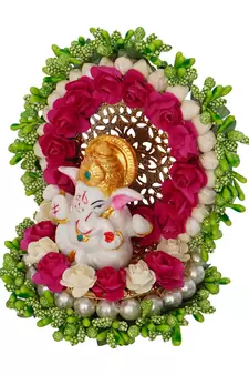 eCraftIndia Lord Ganesha Idol on Decorative Handcrafted Green Floral Plate for Home and Car