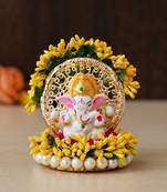 eCraftIndia Lord Ganesha Idol on Decorative Handcrafted Yellow Floral Plate for Home and Car