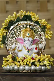eCraftIndia Lord Ganesha Idol on Decorative Handcrafted Yellow Floral Plate for Home and Car