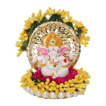 eCraftIndia Lord Ganesha Idol on Decorative Handcrafted Yellow Floral Plate for Home and Car 3