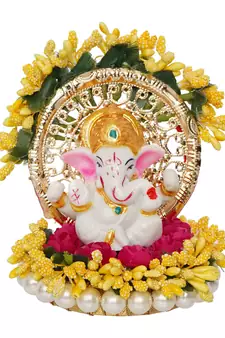 eCraftIndia Lord Ganesha Idol on Decorative Handcrafted Yellow Floral Plate for Home and Car