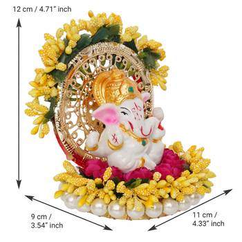 eCraftIndia Lord Ganesha Idol on Decorative Handcrafted Yellow Floral Plate for Home and Car 4