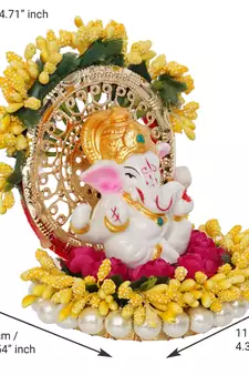 eCraftIndia Lord Ganesha Idol on Decorative Handcrafted Yellow Floral Plate for Home and Car
