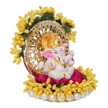 eCraftIndia Lord Ganesha Idol on Decorative Handcrafted Yellow Floral Plate for Home and Car 5