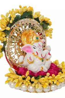 eCraftIndia Lord Ganesha Idol on Decorative Handcrafted Yellow Floral Plate for Home and Car