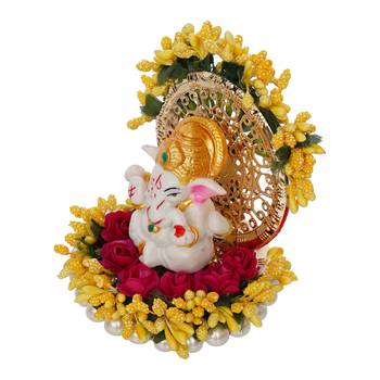 eCraftIndia Lord Ganesha Idol on Decorative Handcrafted Yellow Floral Plate for Home and Car 6
