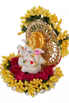 eCraftIndia Lord Ganesha Idol on Decorative Handcrafted Yellow Floral Plate for Home and Car