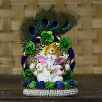 eCraftIndia Lord Ganesha Idol on Decorative Handcrafted Floral Plate with Peocock Feather for Home and Car 2