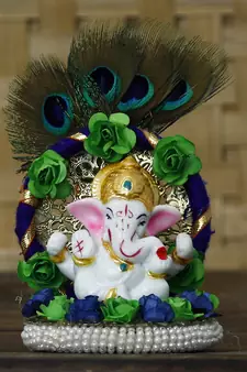 eCraftIndia Lord Ganesha Idol on Decorative Handcrafted Floral Plate with Peocock Feather for Home and Car