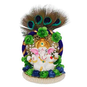 eCraftIndia Lord Ganesha Idol on Decorative Handcrafted Floral Plate with Peocock Feather for Home and Car 3