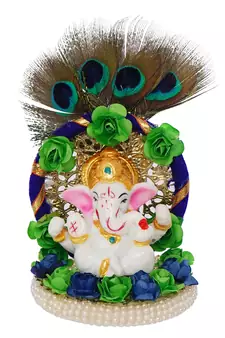 eCraftIndia Lord Ganesha Idol on Decorative Handcrafted Floral Plate with Peocock Feather for Home and Car