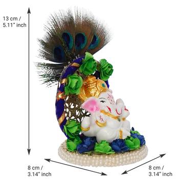 eCraftIndia Lord Ganesha Idol on Decorative Handcrafted Floral Plate with Peocock Feather for Home and Car 4
