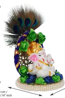 eCraftIndia Lord Ganesha Idol on Decorative Handcrafted Floral Plate with Peocock Feather for Home and Car