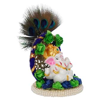 eCraftIndia Lord Ganesha Idol on Decorative Handcrafted Floral Plate with Peocock Feather for Home and Car 5