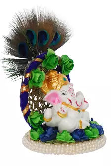eCraftIndia Lord Ganesha Idol on Decorative Handcrafted Floral Plate with Peocock Feather for Home and Car