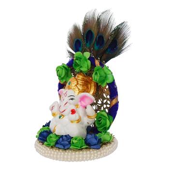 eCraftIndia Lord Ganesha Idol on Decorative Handcrafted Floral Plate with Peocock Feather for Home and Car 6