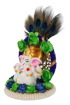 eCraftIndia Lord Ganesha Idol on Decorative Handcrafted Floral Plate with Peocock Feather for Home and Car