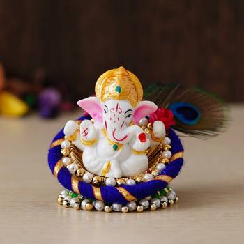 eCraftIndia Lord Ganesha Idol on Decorative Handcrafted Floral Plate for Home and Car 1