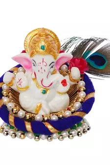eCraftIndia Lord Ganesha Idol on Decorative Handcrafted Floral Plate for Home and Car