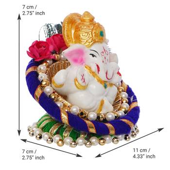 eCraftIndia Lord Ganesha Idol on Decorative Handcrafted Floral Plate for Home and Car 4
