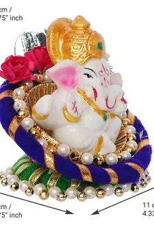 eCraftIndia Lord Ganesha Idol on Decorative Handcrafted Floral Plate for Home and Car