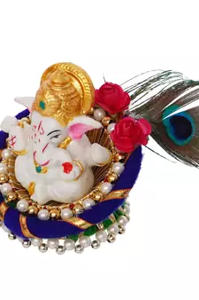 eCraftIndia Lord Ganesha Idol on Decorative Handcrafted Floral Plate for Home and Car